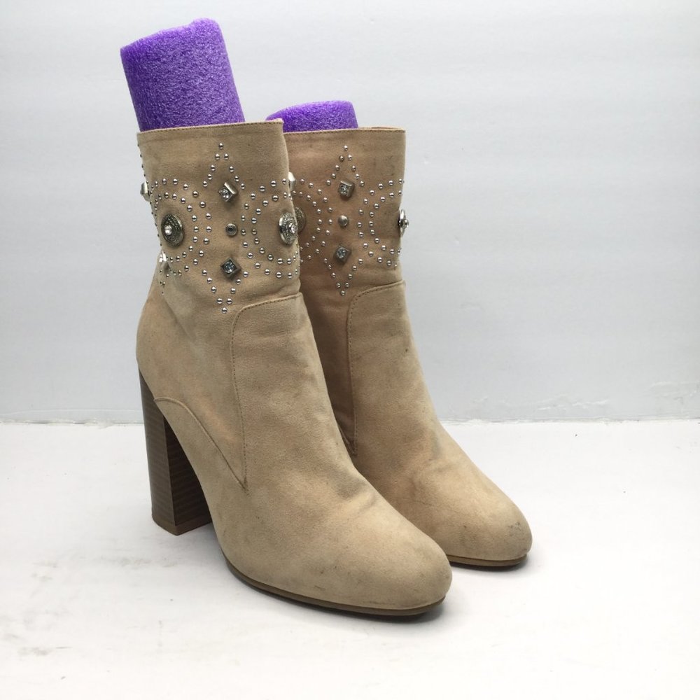 Forever 21 Boots Women Size 9 Brown Tan Heeled Back Zipper Round Toe Embellished